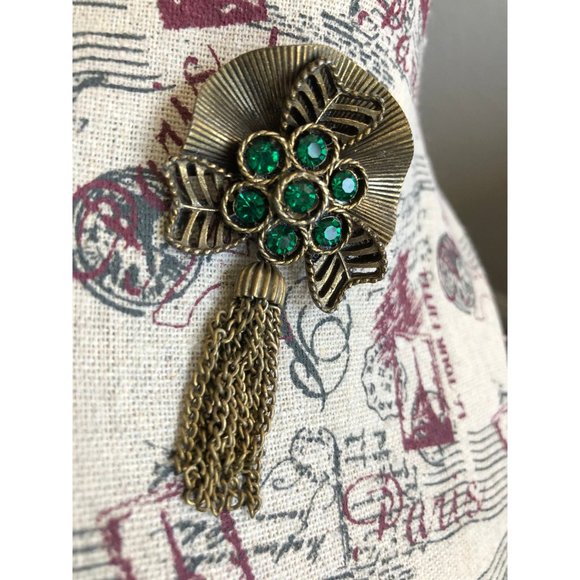 Vintage 1940s Emerald Green Rhinestone Tassel Brooch Pin-up Old Hollywood - Picture 3 of 4